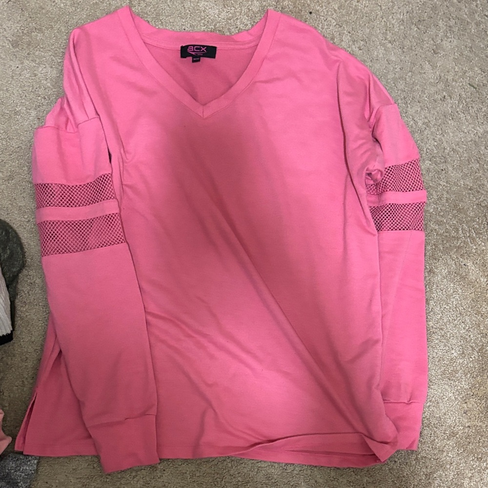 BCX Pink V-Neck Top with Mesh Accents